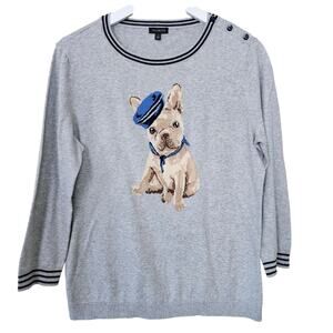 Talbots Frenchie Dog Intarsia Sweater MP Gray Nautical Soft Cotton Blend